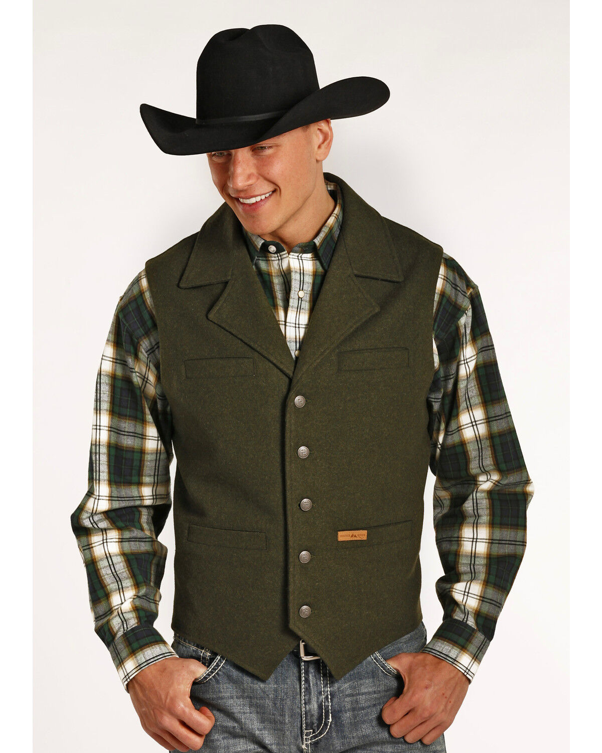Powder River Outfitters Men's Black Wool Montana Vest, Loden, hi-res