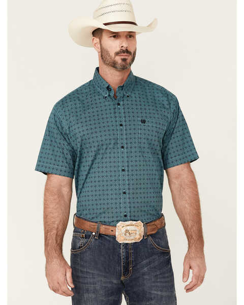 Cinch Men's Geo Print Short Sleeve Button Down Western Shirt - Big , Turquoise, hi-res