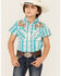 Shyanne Girls' Embroidered Plaid Print Short Sleeve Snap Shirt, Turquoise, hi-res