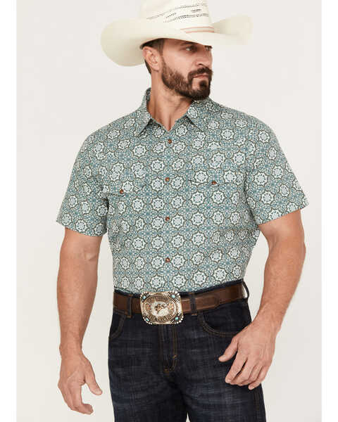 Gibson Men's Antonio Geo Print Short Sleeve Western Snap Shirt, Steel, hi-res
