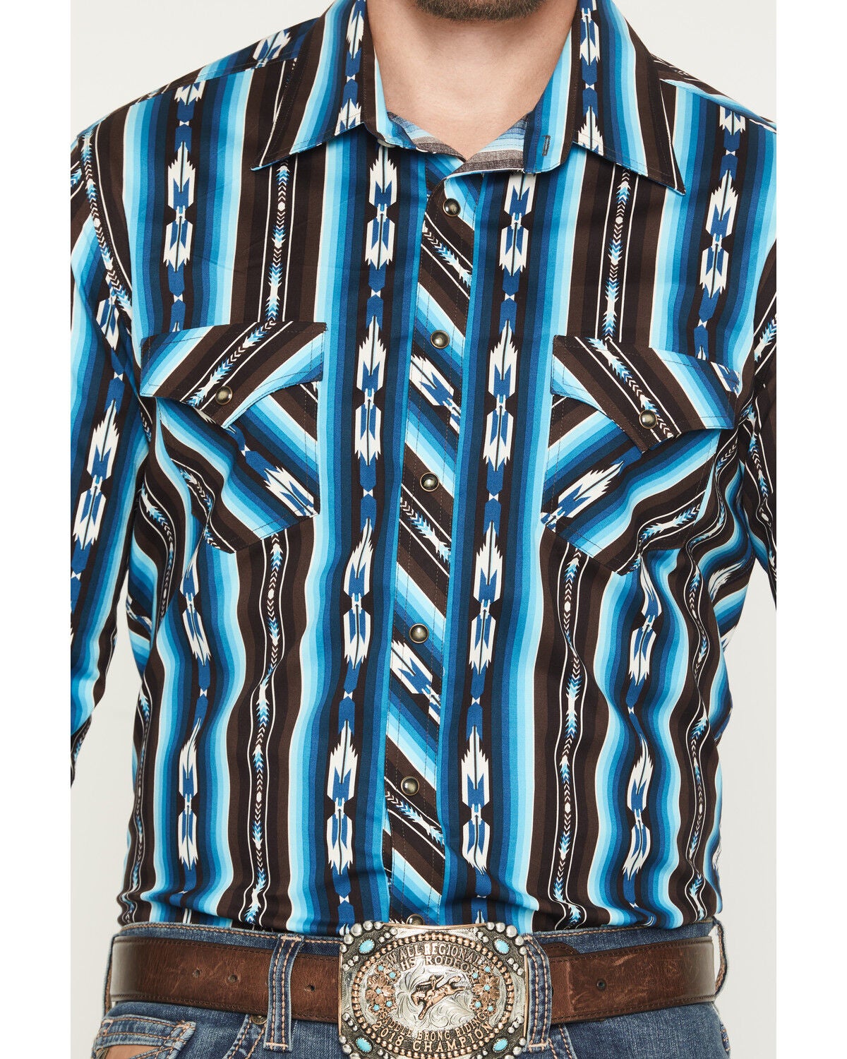 Image #3 - Rock & Roll Denim Men's Southwestern Striped Long Sleeve Snap Western Shirt, Teal, hi-res