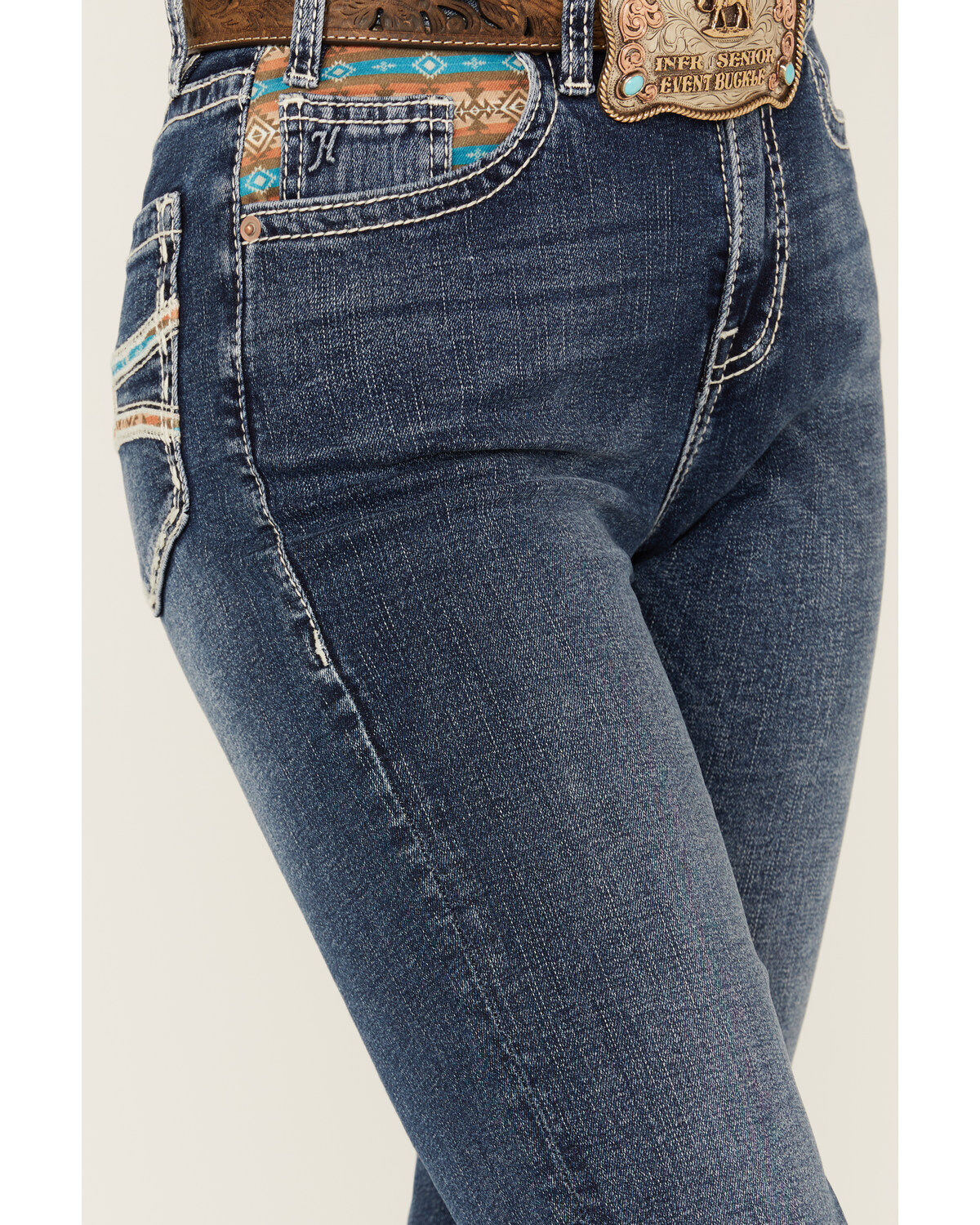 Image #4 - Hooey by Rock & Roll Denim Women's Medium Wash High Rise Southwestern Print Stretch Bootcut Jeans, Medium Wash, hi-res