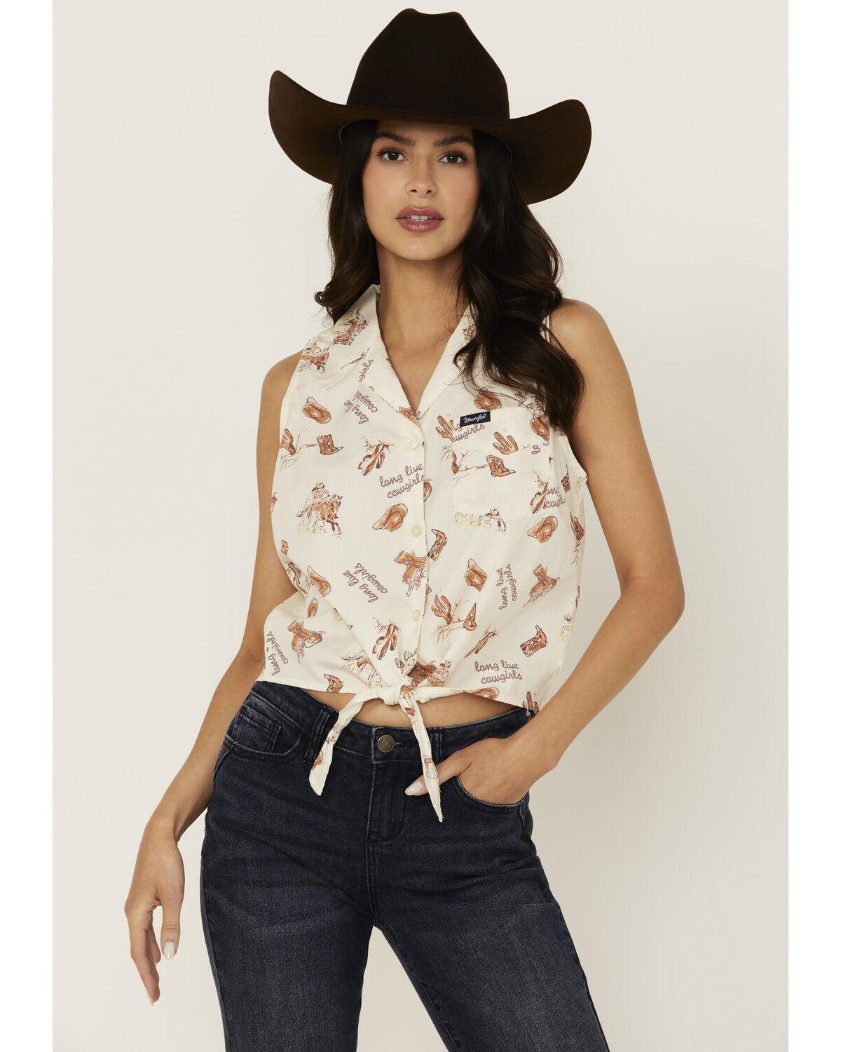Wrangler Women's Conversation Print Sleeveless Tie-Front Shirt, White, hi-res
