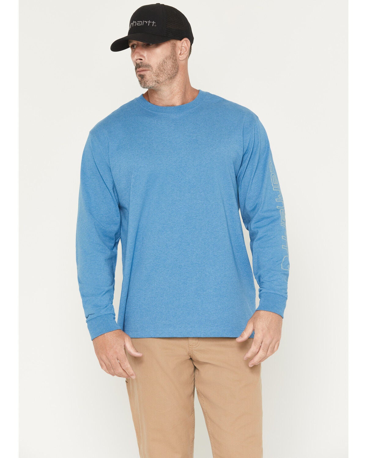 Carhartt Men's Loose Fit Heavyweight Long Sleeve Logo Graphic Work T-Shirt, Blue, hi-res