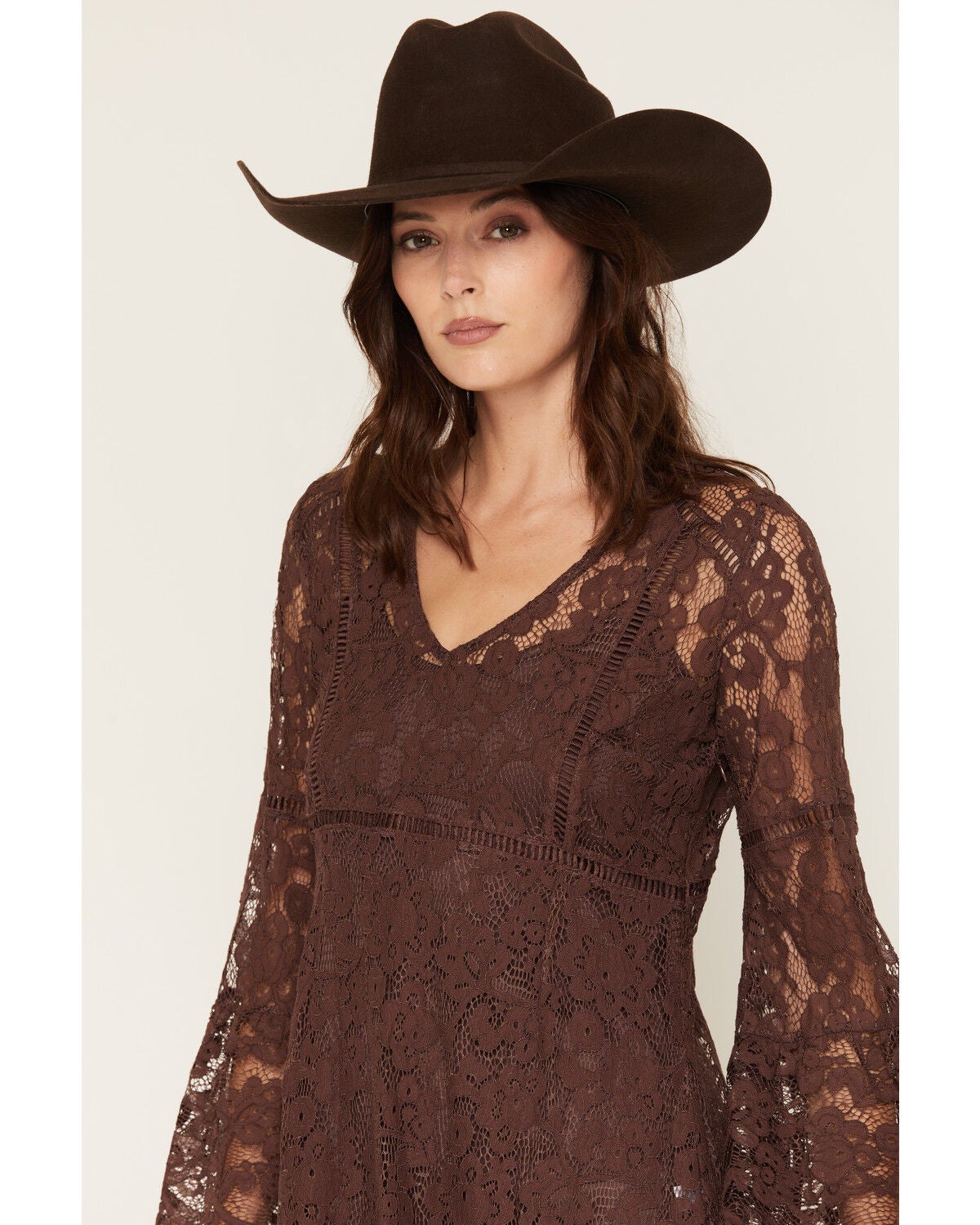 Image #2 - Scully Women's Lace Crochet Long Bell Sleeve Mini Dress, Chocolate, hi-res