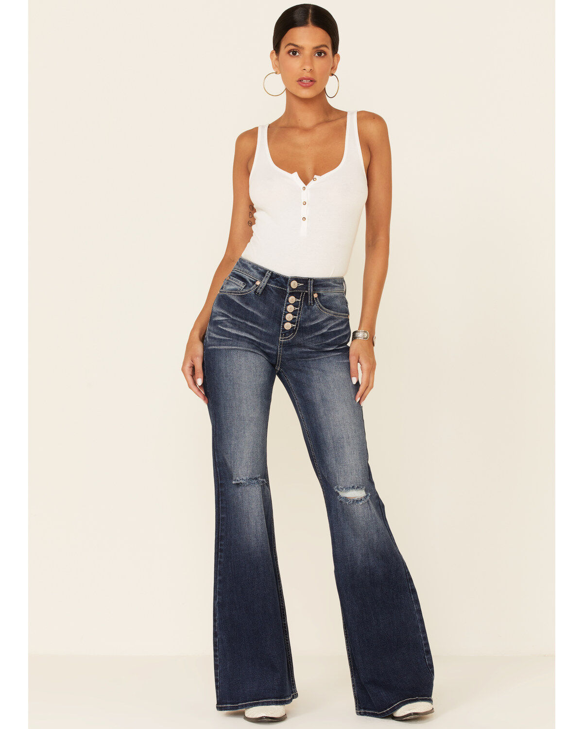 Image #1 - Shyanne Women's Dark High Rise Flare Distressed Knee Flare Stretch Denim Jeans, , hi-res