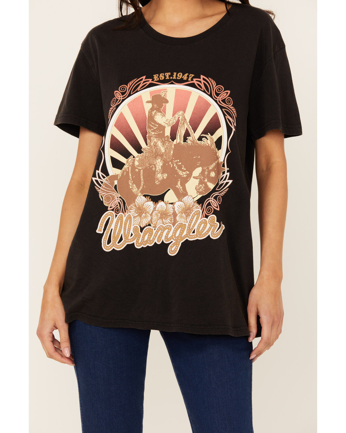 Image #3 - Wrangler Women's Boot Barn Exclusive Cowboy Logo Boyfriend Fit Short Sleeve Graphic Tee, Black, hi-res