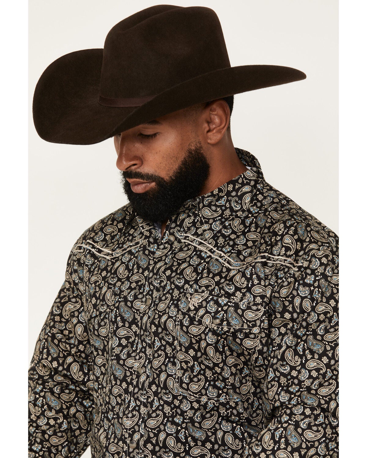 Image #2 - Cowboy Hardware Men's Scatter Paisley Print Long Sleeve Pearl Snap Stretch Western Shirt, Black, hi-res