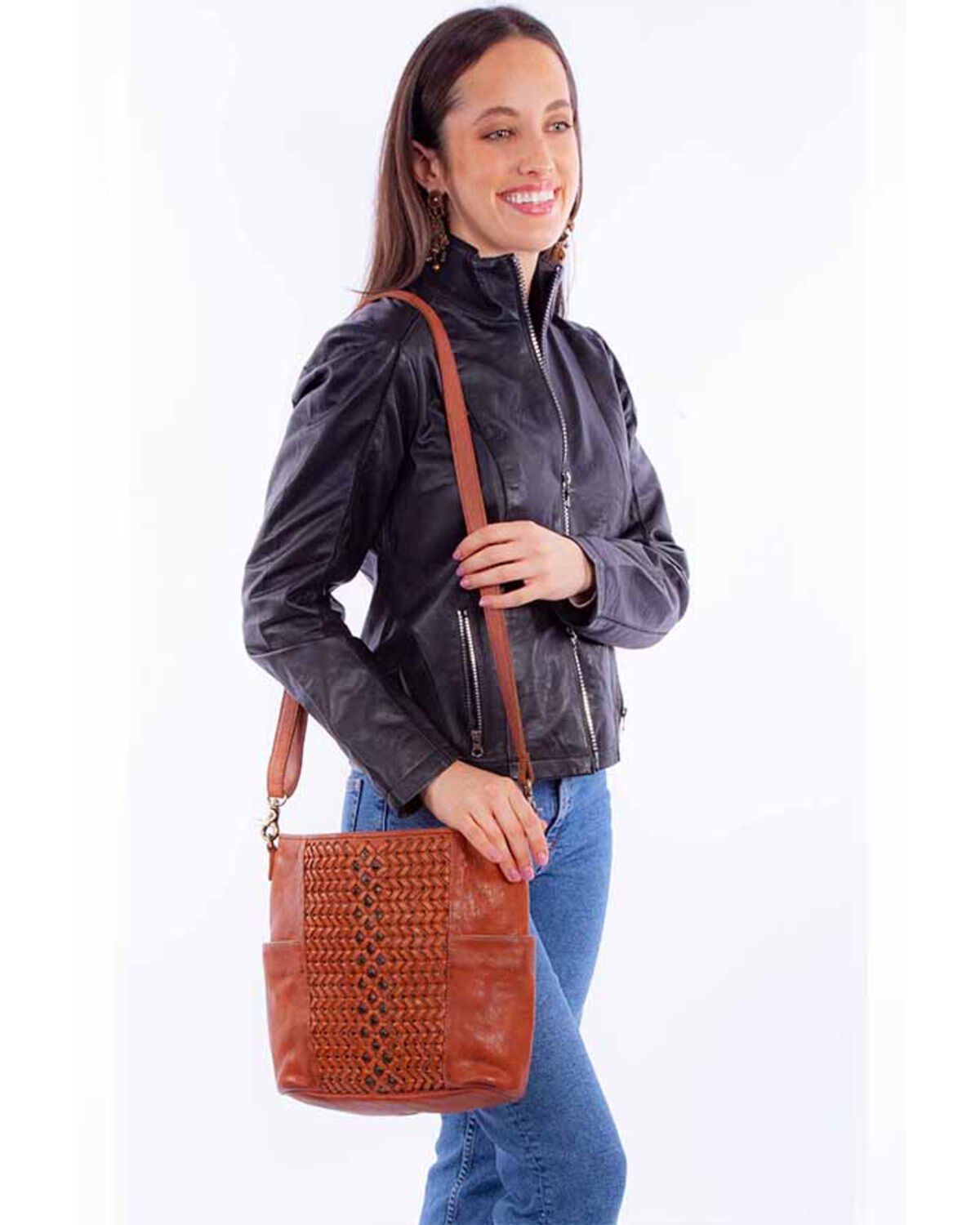 Image #1 - Scully Women's Woven Leather Crossbody Bag, Cognac, hi-res