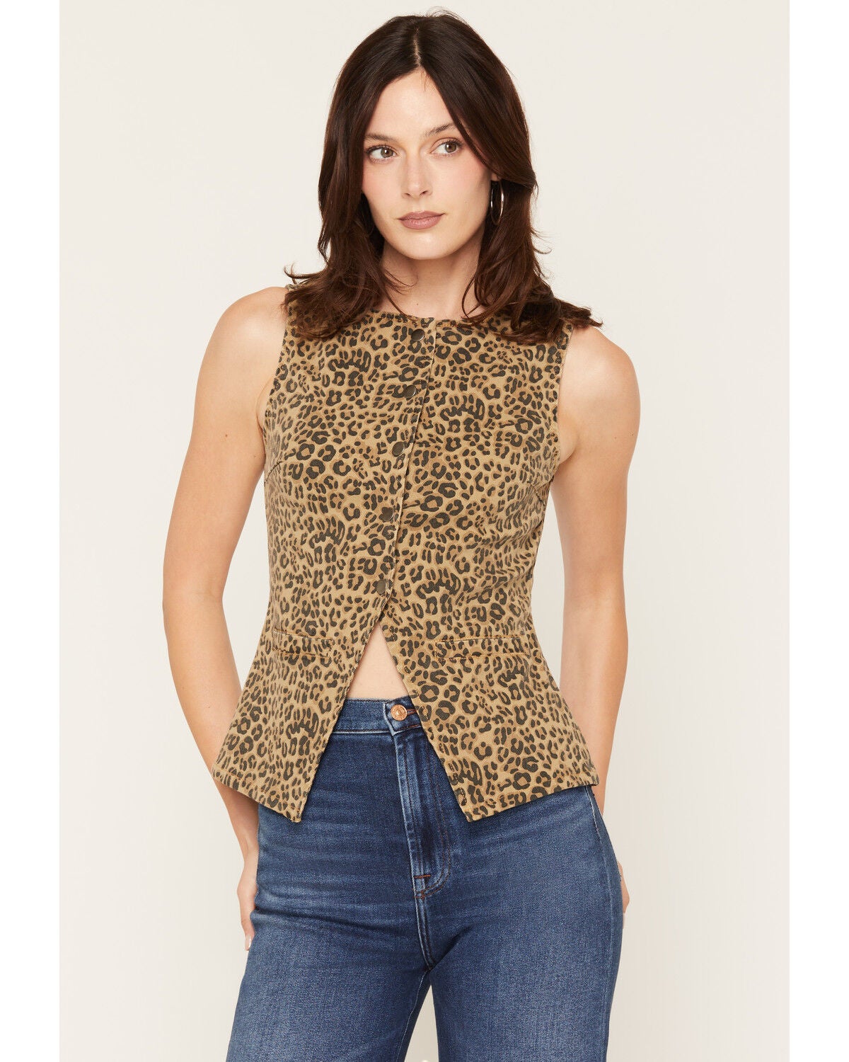 Bona Women's Leopard Print Denim Snap Top, Brown, hi-res