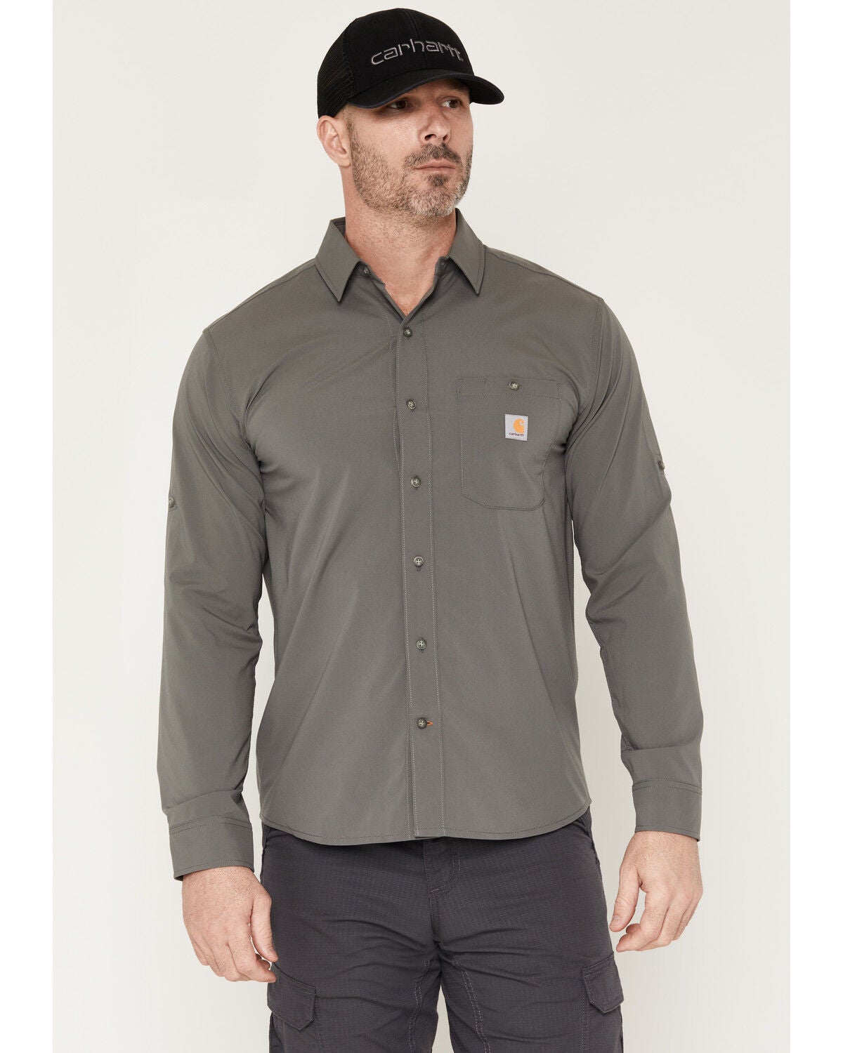 Carhartt Men's Force Sun Defender&trade; Relaxed Fit Lightweight Long Sleeve Button-Down Shirt, Steel, hi-res