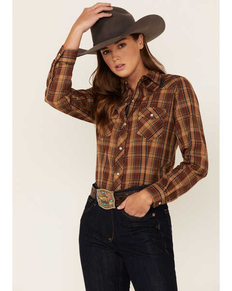 Roper Women's Plaid Print Long Sleeve Snap Western Shirt, Brown, hi-res