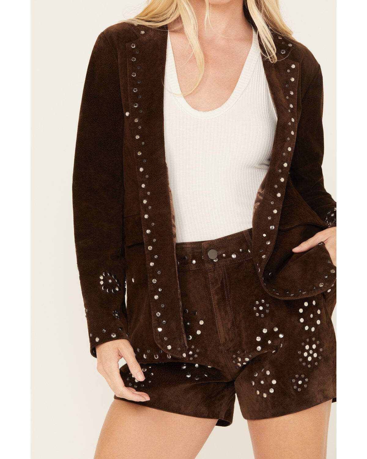 Image #3 - Driftwood Women's Suede Studded Blazer, Chocolate, hi-res