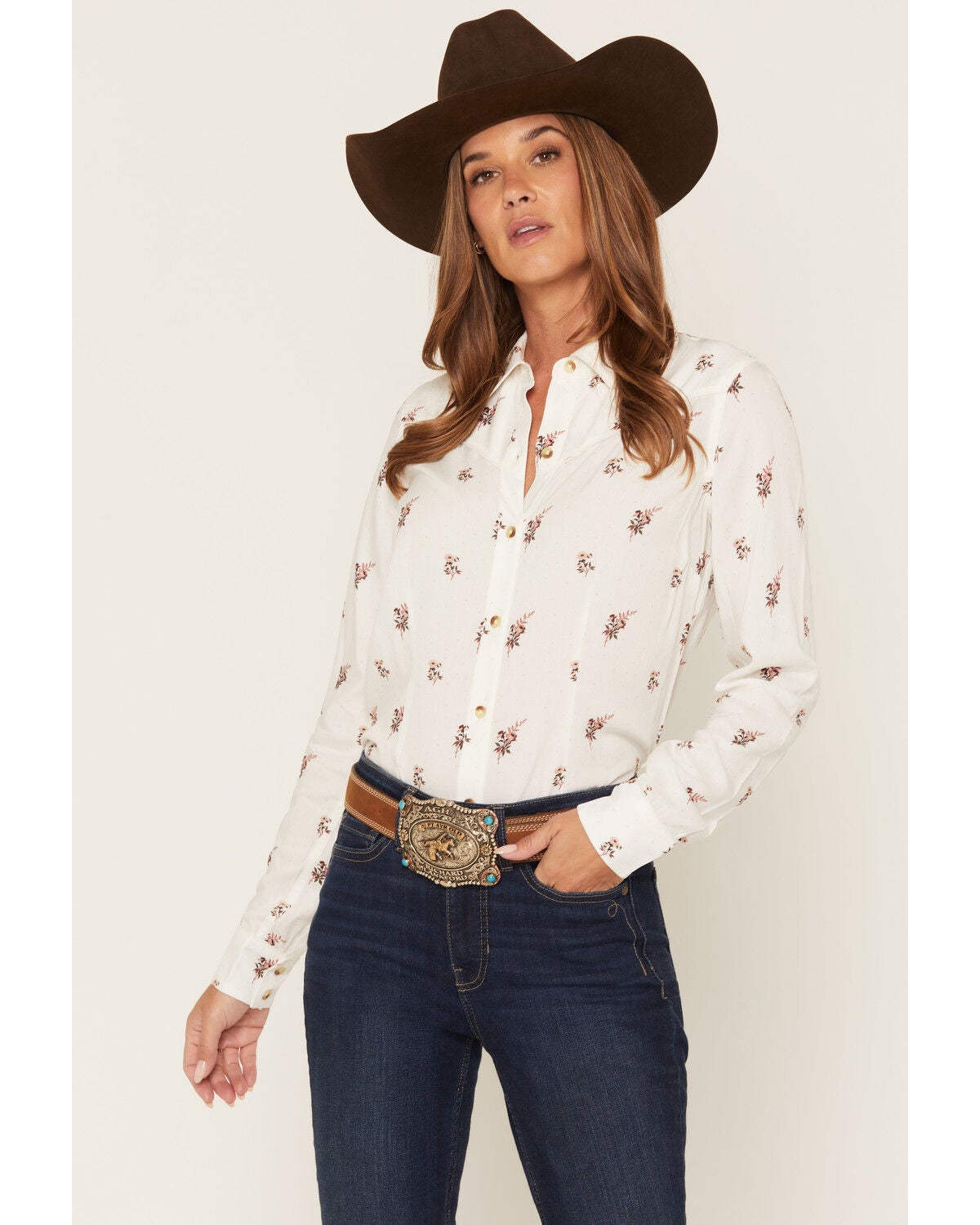 Image #1 - Shyanne Women's Sagewind Floral Print Long Sleeve Button-Down Western Shirt, White, hi-res