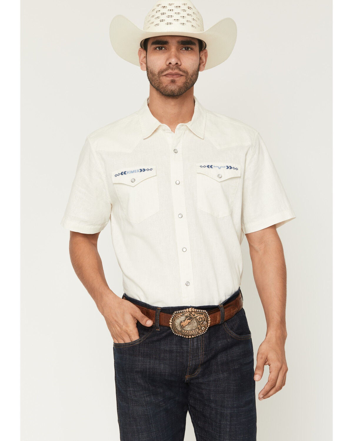 Image #1 - Kimes Ranch Men's Nuce Embroidered Pocket Short Sleeve Pearl Snap Western Shirt, Cream, hi-res