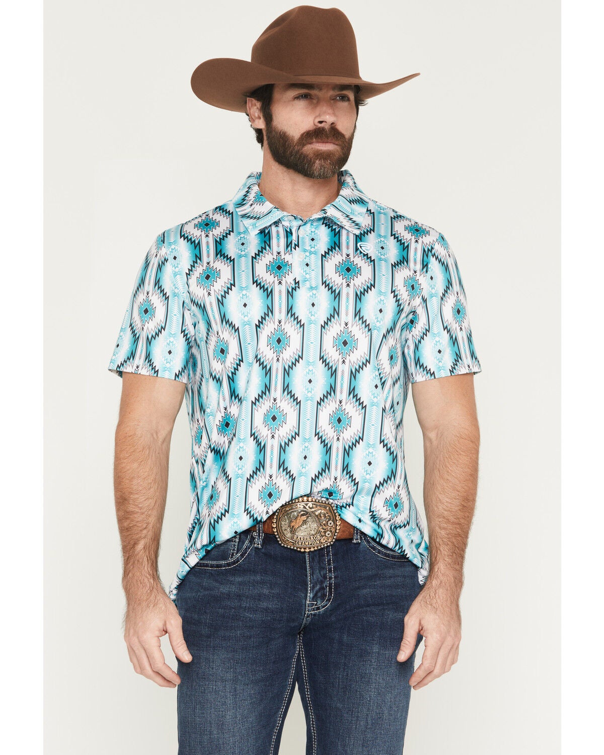 Rock & Roll Denim Men's Dale Brisby Southwestern Print Short Sleeve Button-Down Polo, Turquoise, hi-res