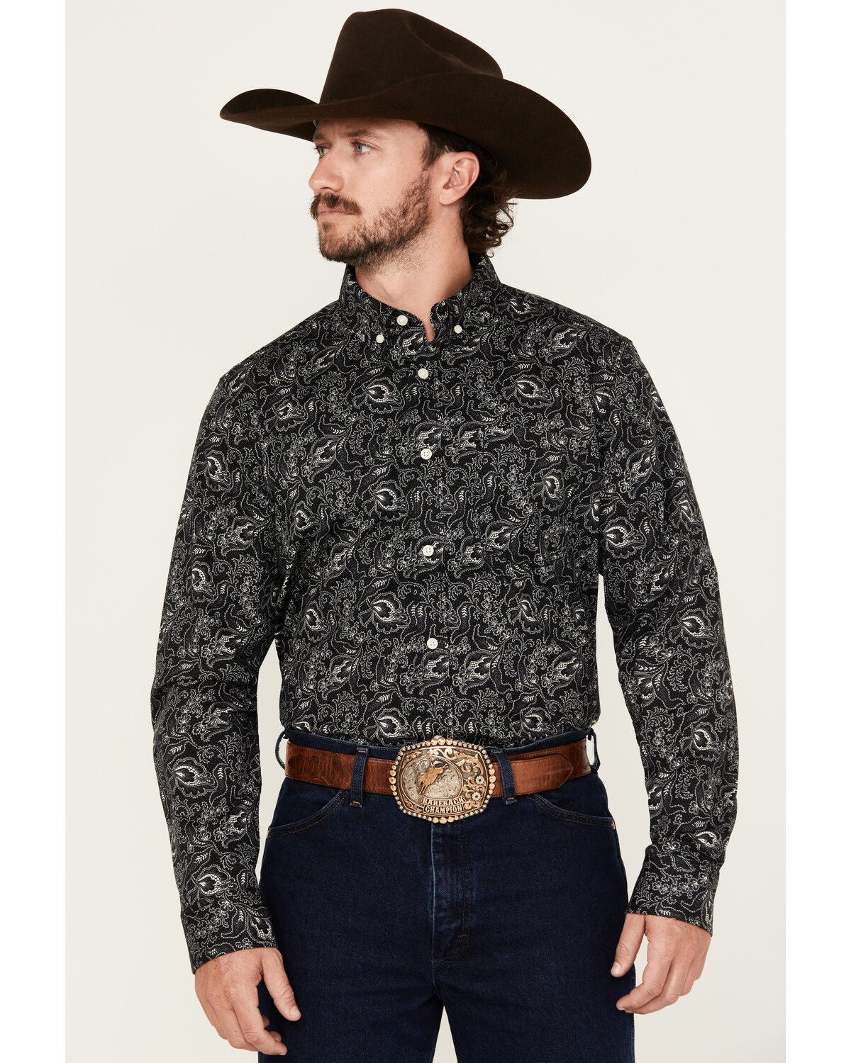 Cody James Men's Parker Paisley Print Long Sleeve Button-Down Stretch Western Shirt, Black, hi-res