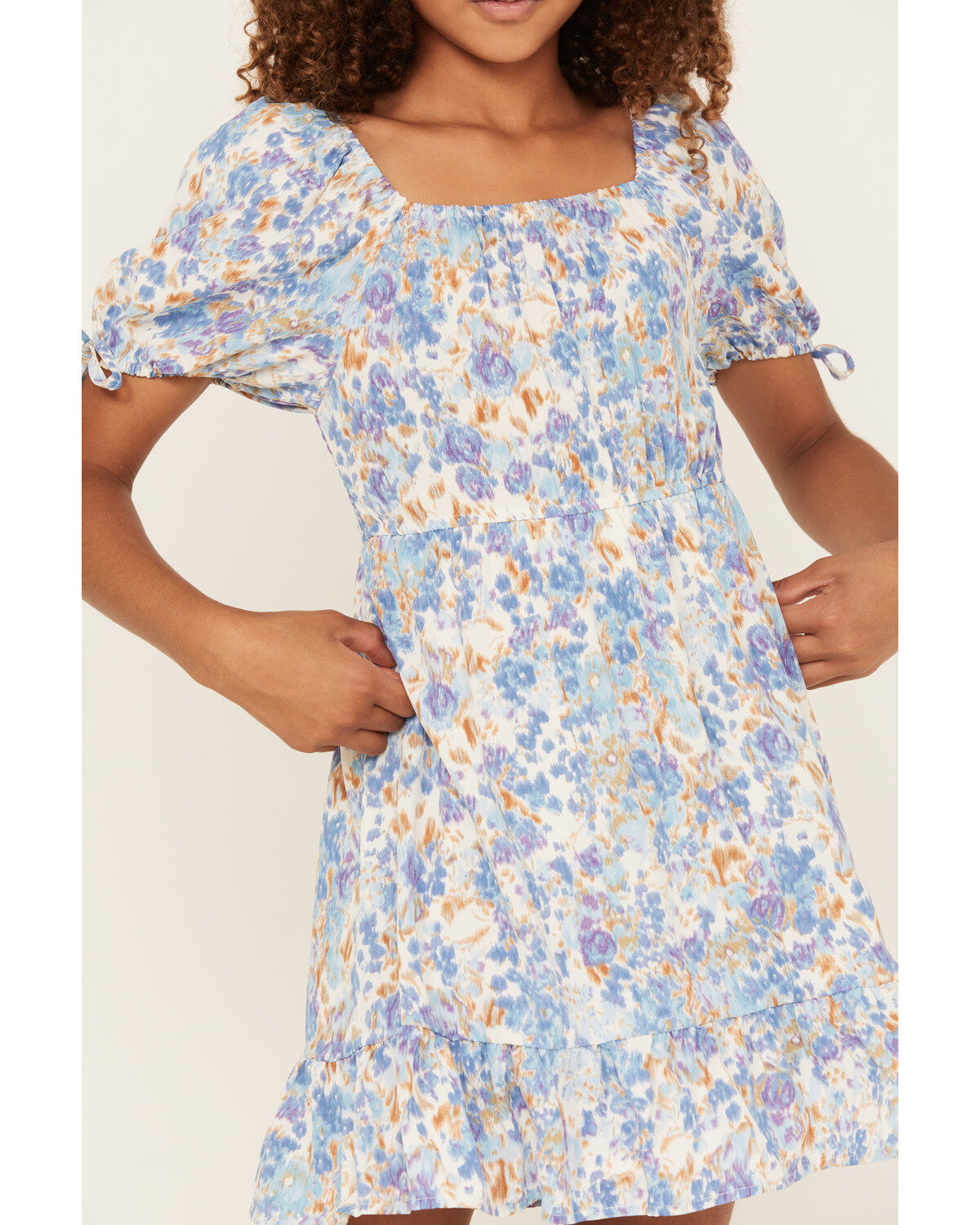 Image #3 - Hayden Girls' Floral Print Puff Sleeve Mini Dress, Blue, hi-res