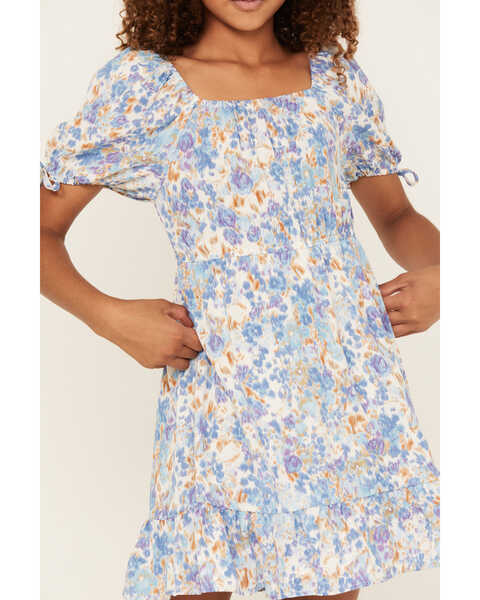 Image #3 - Hayden Girls' Floral Print Puff Sleeve Dress, Blue, hi-res