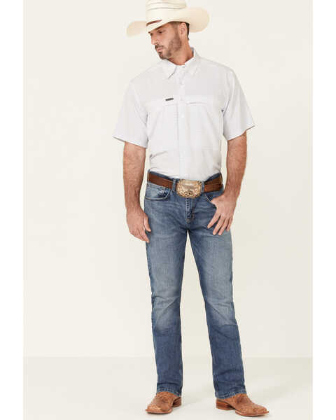 Panhandle Men's Performance Geo Print Short Sleeve Button Down Western Shirt , White, hi-res
