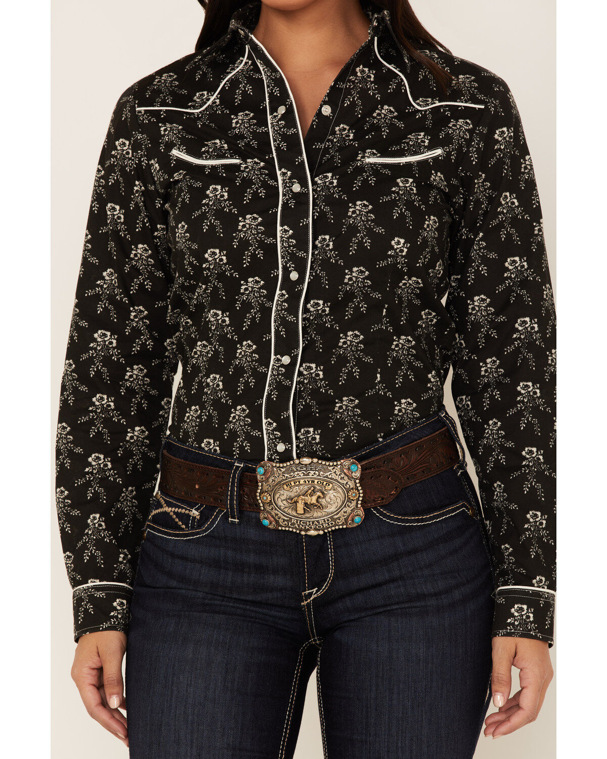Image #3 - Roper Women's Floral Print Long Sleeve Pearl Snap Western Shirt, Black, hi-res
