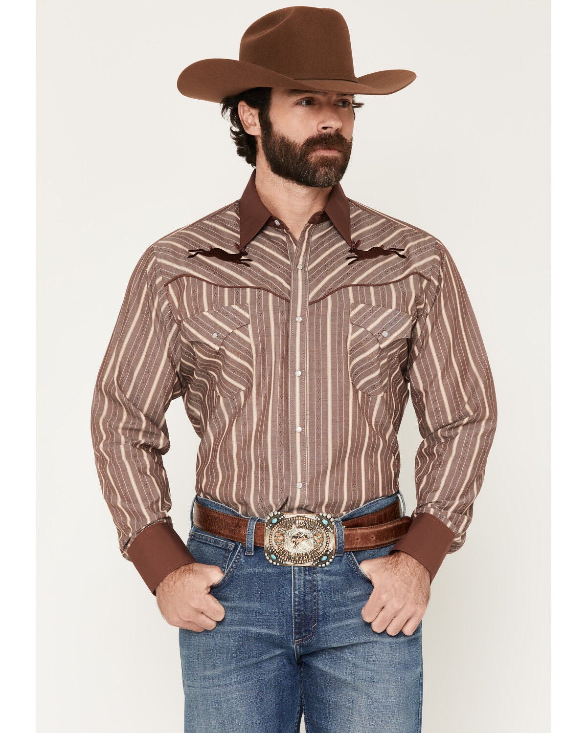 Image #1 - Ely Walker Men's Jackalope Embroidered Striped Long Sleeve Pearl Snap Western Shirt, Burgundy, hi-res