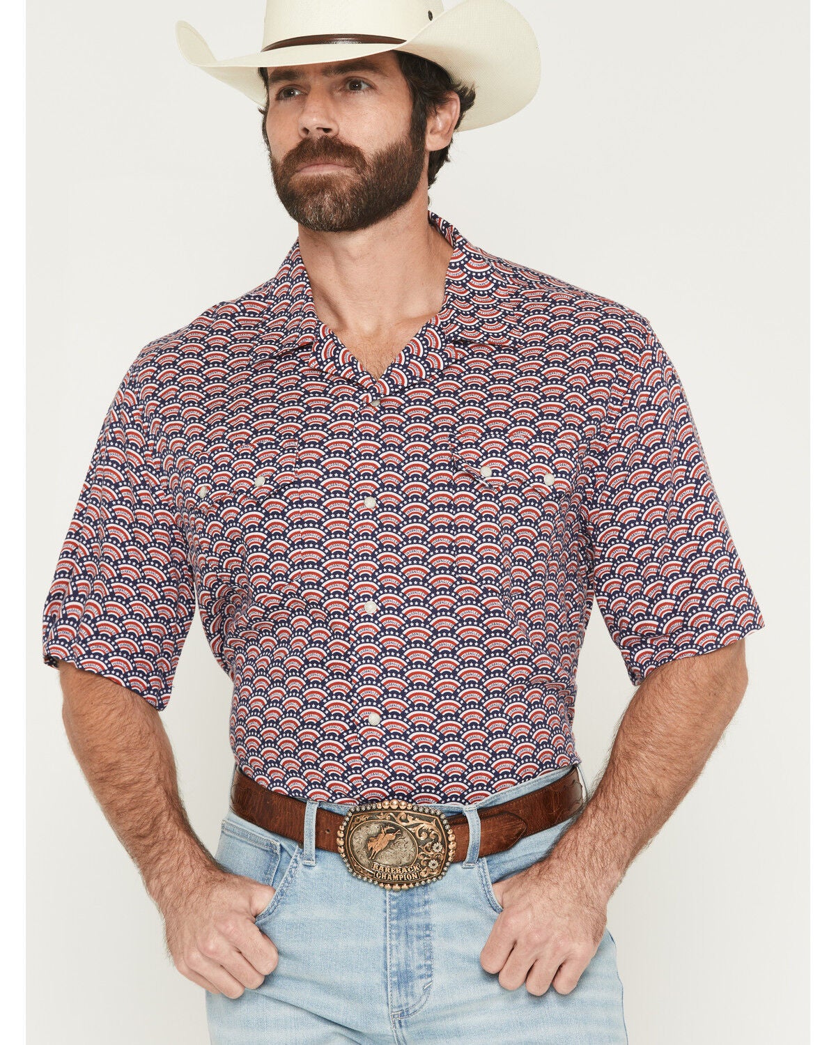 Image #1 - Wrangler Men's Coconut Cowboy Conversation Print Short Sleeve Snap Western Shirt, Red, hi-res