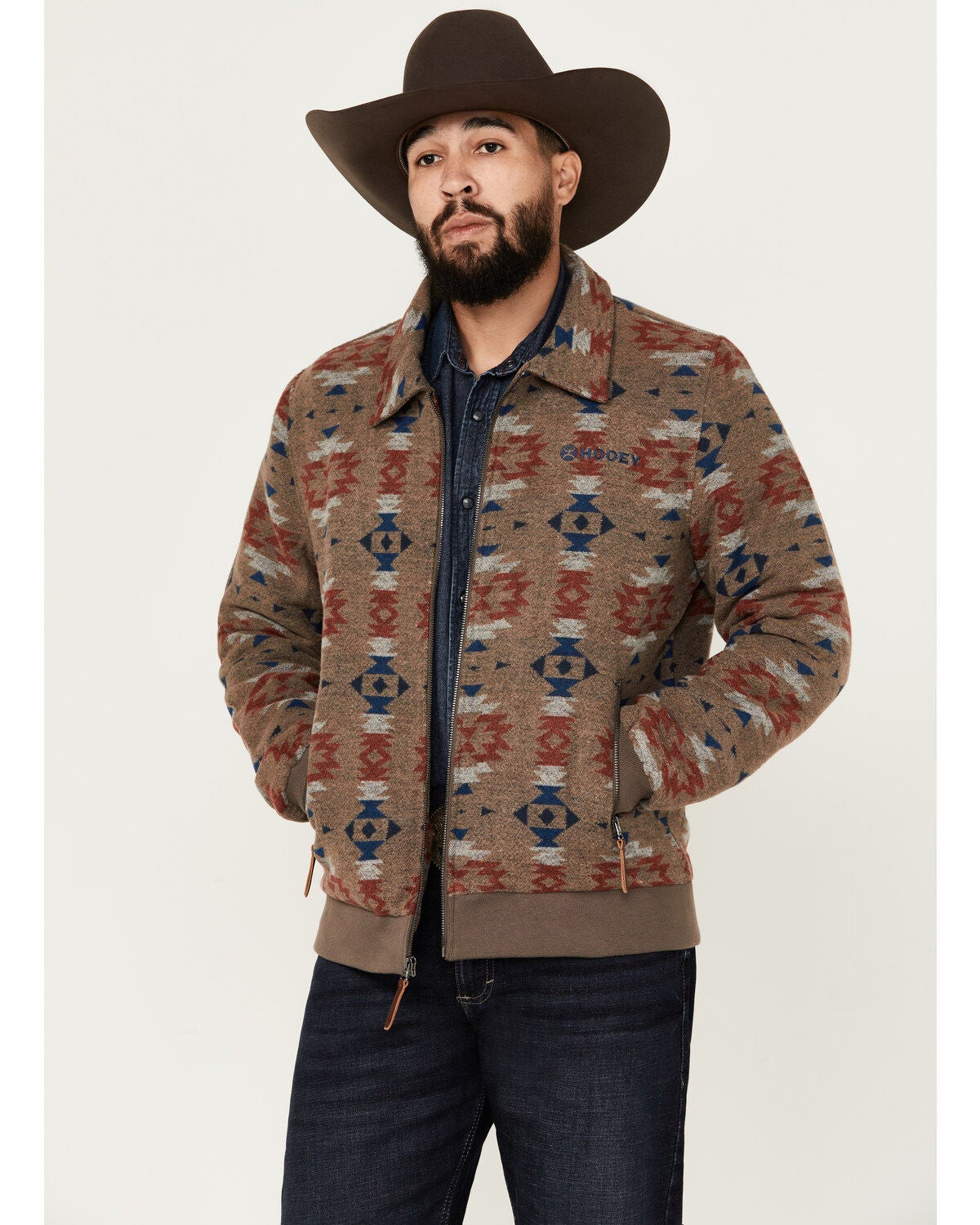 Hooey Men's Southwestern Print Bomber Jacket, Red, hi-res