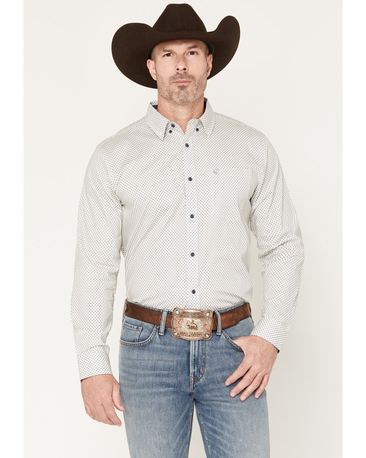 Cody James Men's NFR Geo Print Long Sleeve Button-Down Stretch Western Shirt, White, hi-res