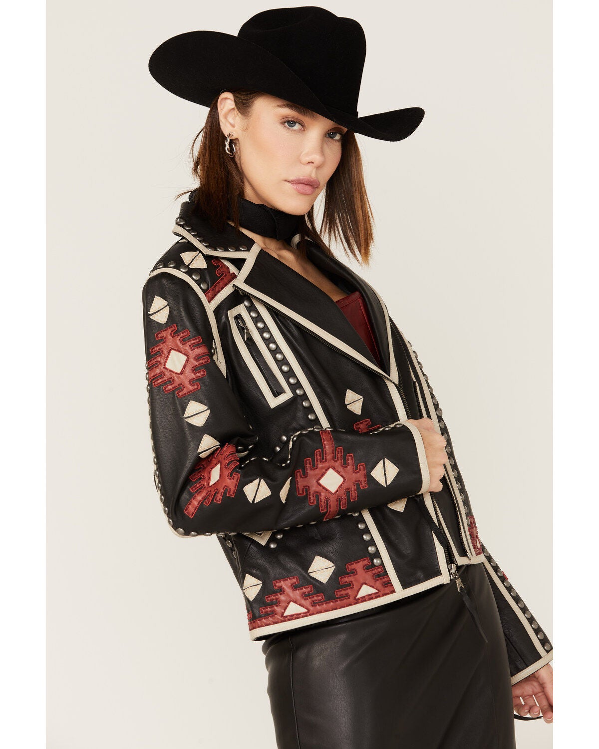 Image #3 - Double D Ranch Women's Chilli Pantine Studded Southwestern Leather Jacket, , hi-res