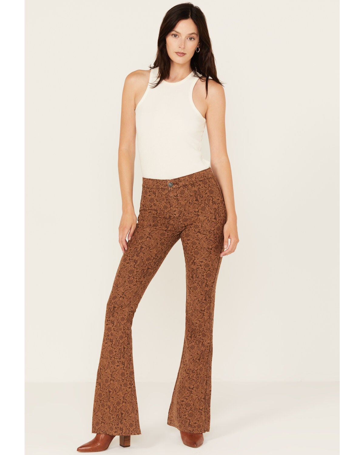 Rock & Roll Denim Women's High Rise Reversible Button Bargain Bell Flare Jeans, Brown, hi-res