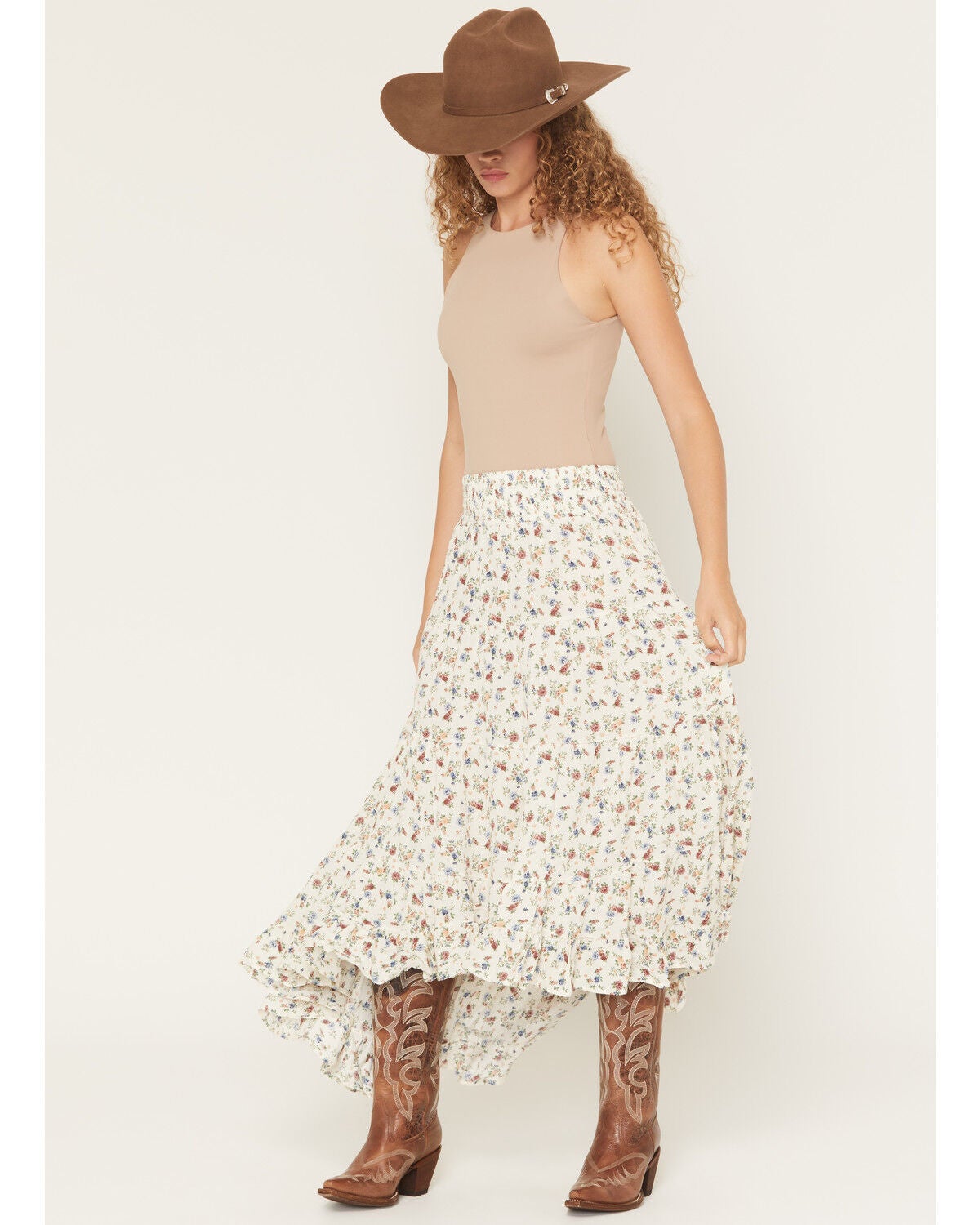 Wild Moss Women's Floral Print High-Low Midi Skirt, Ivory, hi-res