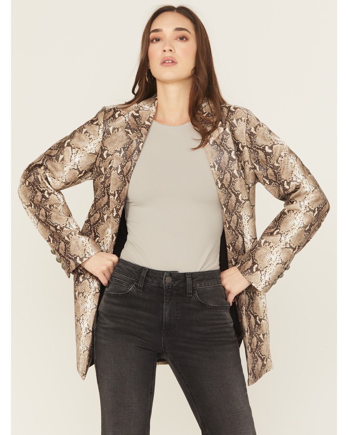 Ariat Women's Faux Snakeskin Embossed Blazer, Lt Brown, hi-res