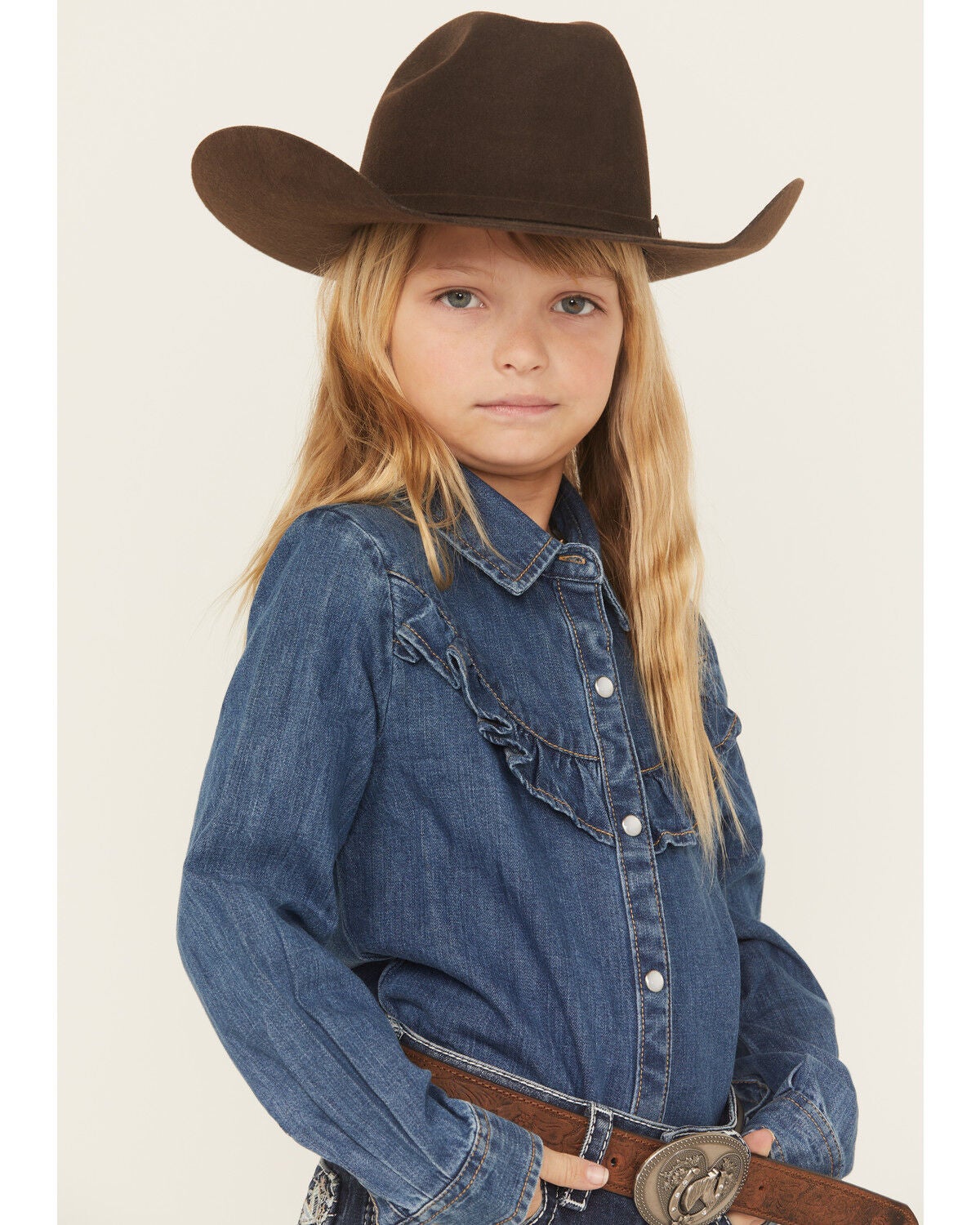 Image #2 - Wrangler Girls' Ruffle Button Long Sleeve Pearl Snap Western Shirt, Dark Wash, hi-res
