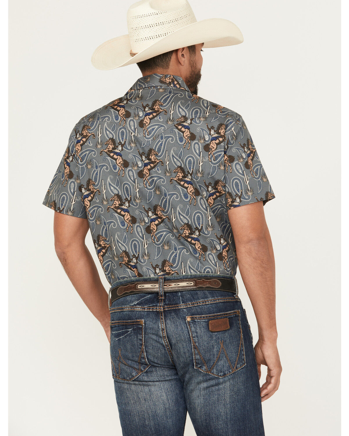 Image #4 - Rock & Roll Denim Men's Dale Brisby Horse Print Short Sleeve Snap Stretch Western Shirt, Charcoal, hi-res