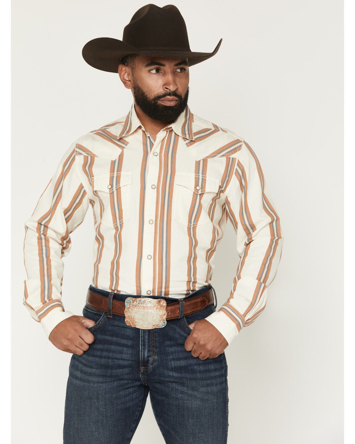 Wrangler Men's Boot Barn Exclusive Retro Stripe Print Long Sleeve Snap Western Shirt, Cream, hi-res