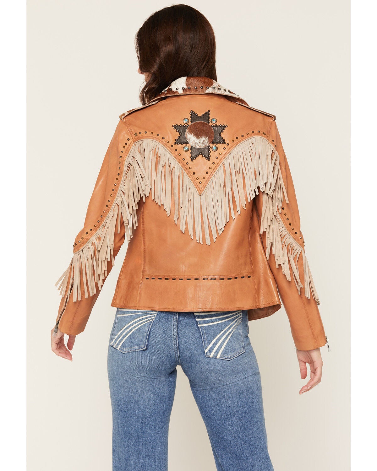Image #4 - Scully Women's Studded Fringe Cowhide Jacket, Tan, hi-res