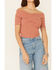 Very J Women's Rib Knit Cross Front Off-Shoulder Short Sleeve Crop Top, Rust Copper, hi-res