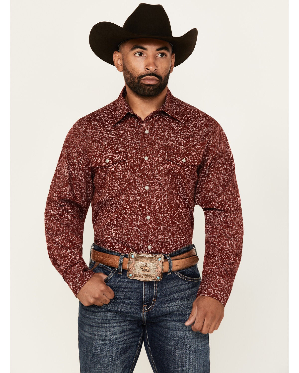Wrangler Retro Men's Printed Long Sleeve Snap Western Shirt, Red, hi-res