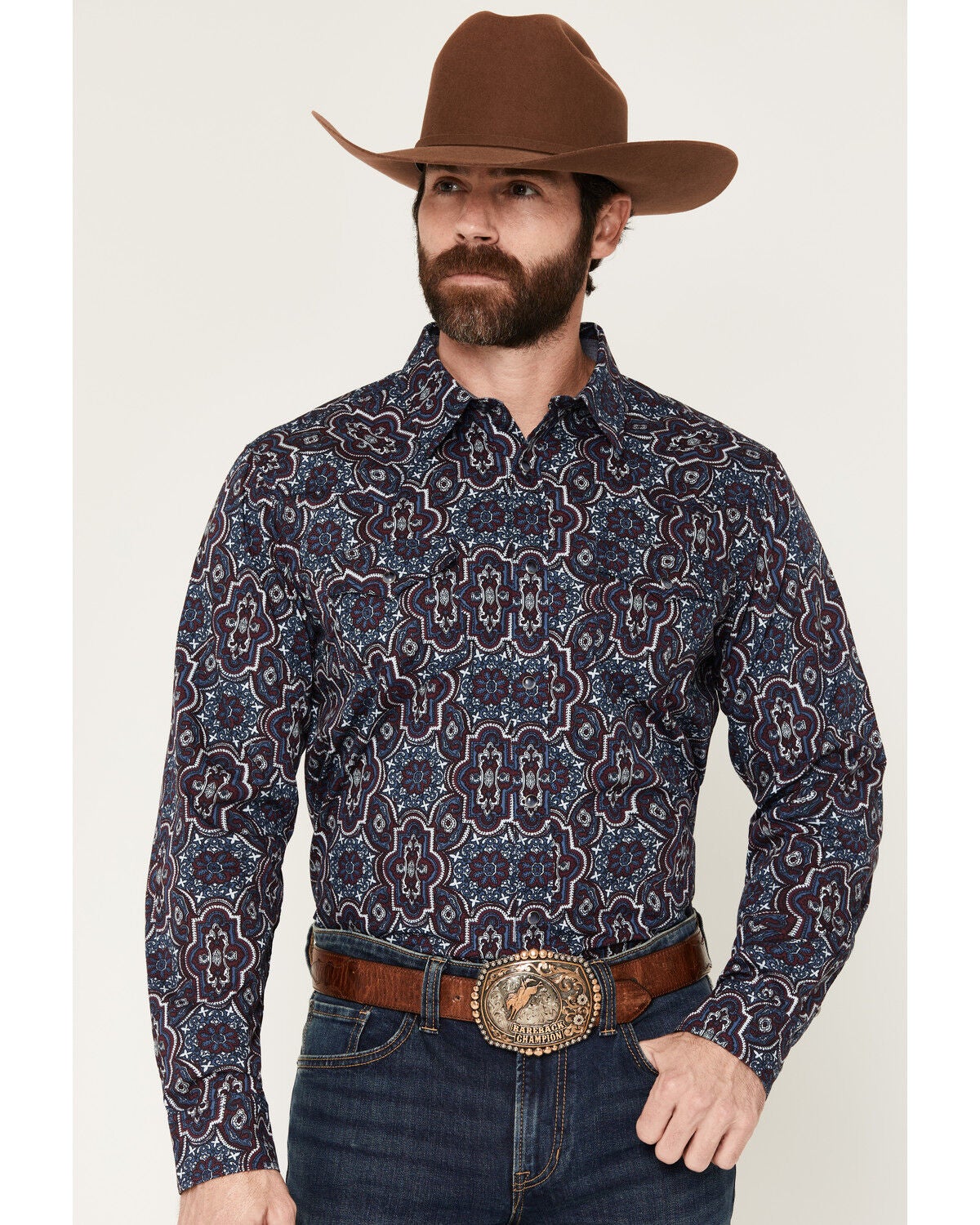 Cody James Men's Muddy Medallion Print Long Sleeve Snap Western Shirt, Navy, hi-res