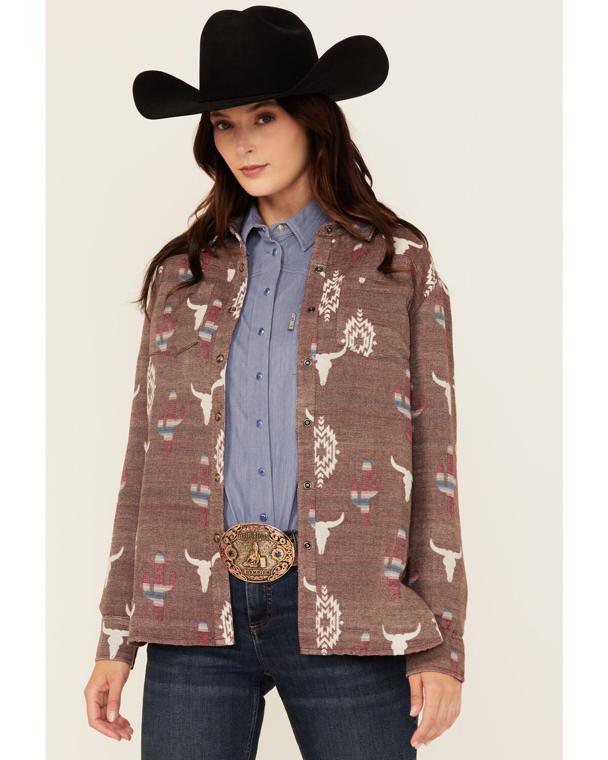 Shyanne Women's Conversation Print Long Sleeve Snap Western Shirt, Chocolate, hi-res