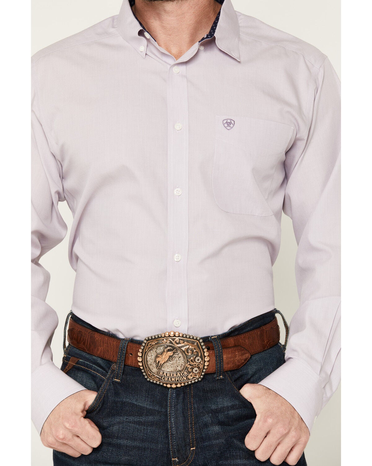 Image #3 - Ariat Men's Wrinkle Free Solid Long Sleeve Button-Down Western Shirt, Lavender, hi-res