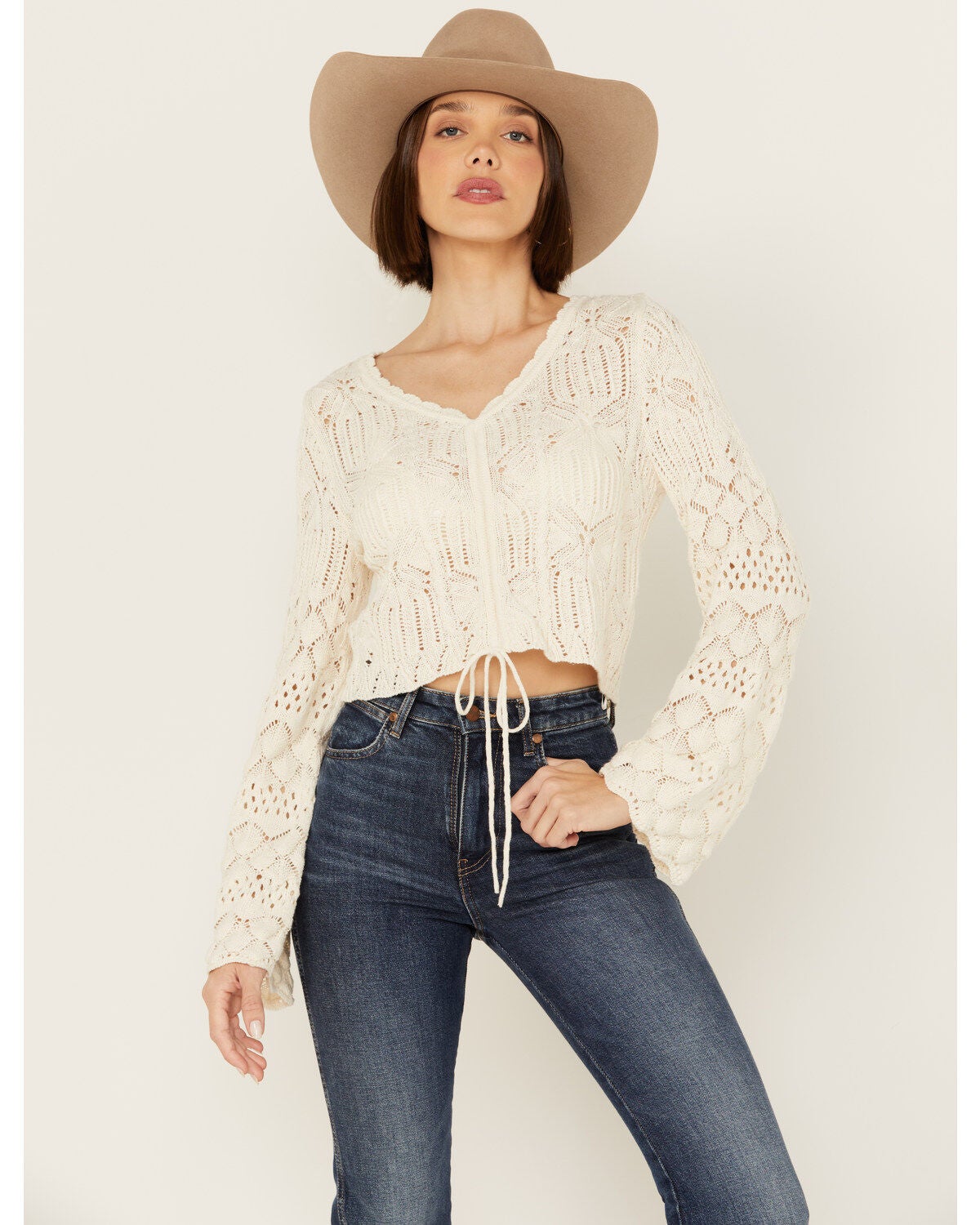 Product Name: Shyanne Women's Bell Sleeve Cropped Crochet Sweater