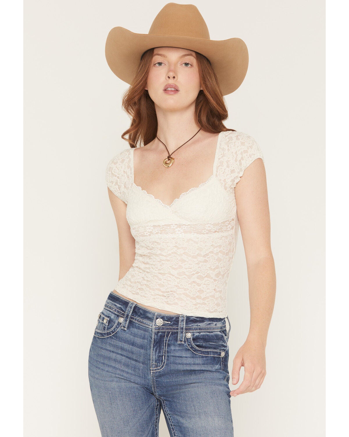 Wild Moss Women's Sheer Lace Short Sleeve Top, White, hi-res