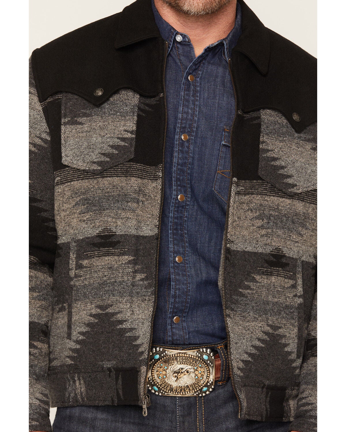 Image #3 - Cripple Creek Men's Woolish Southwestern Print Trucker Jacket, Charcoal, hi-res