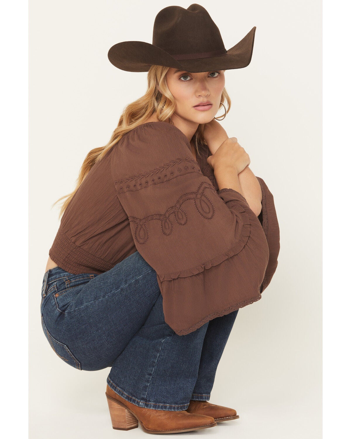 Shyanne Women's Pearl Embroidered Long Bell Sleeve Shirt, Brown, hi-res