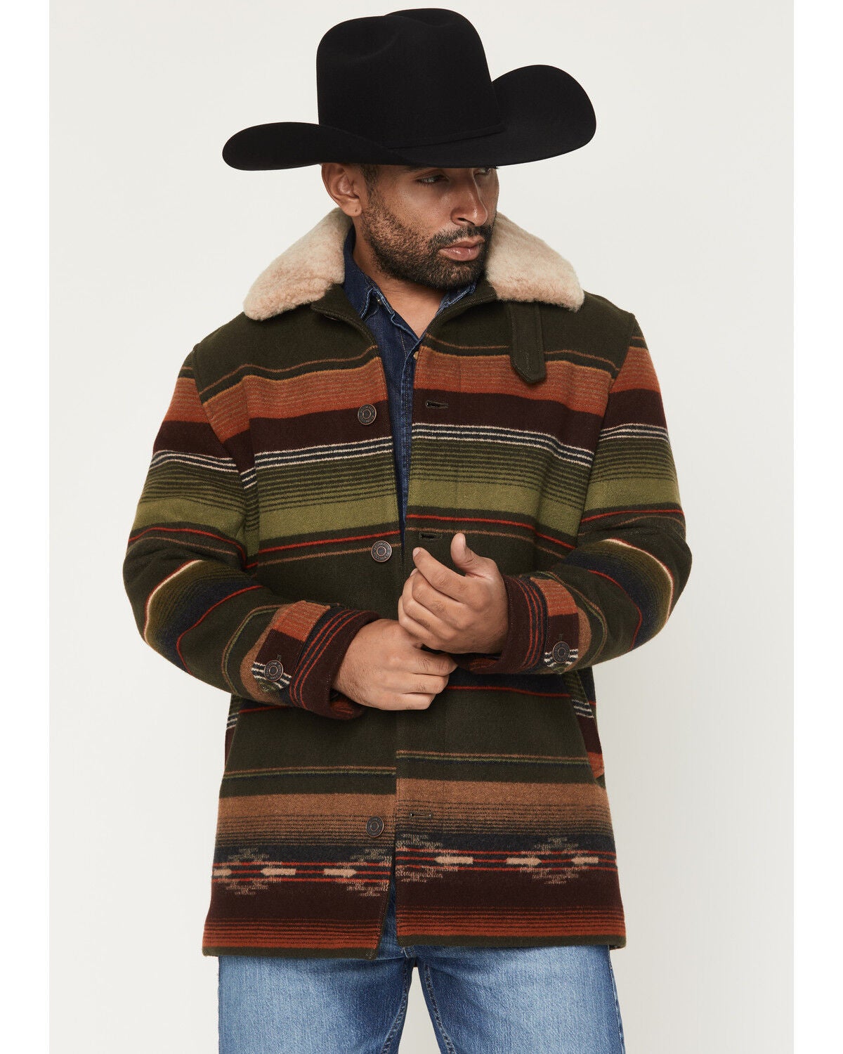 Image #1 - Pendleton Men's Dayton Serape Striped Shearling Collar Button-Down Wool Coat, Olive, hi-res