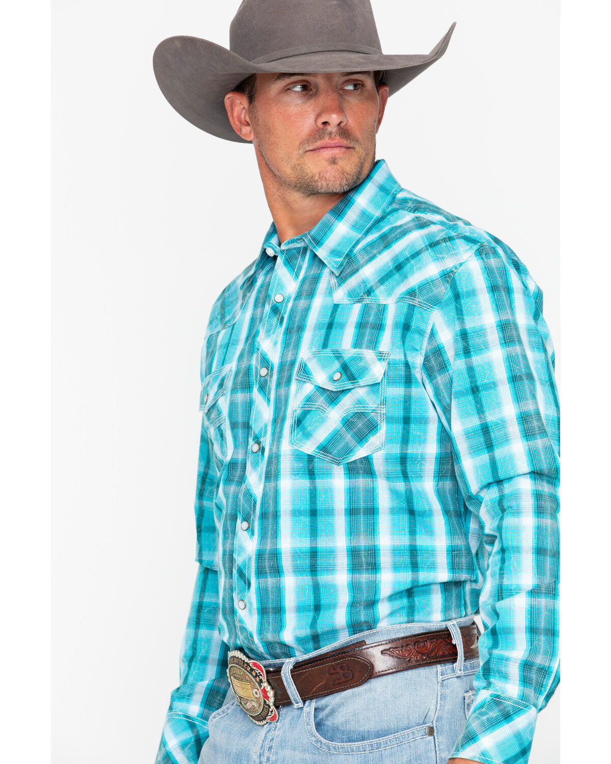 Image #2 - Rock & Roll Denim Men's Poplin Plaid Print Snap Long Sleeve Western Shirt, Blue, hi-res