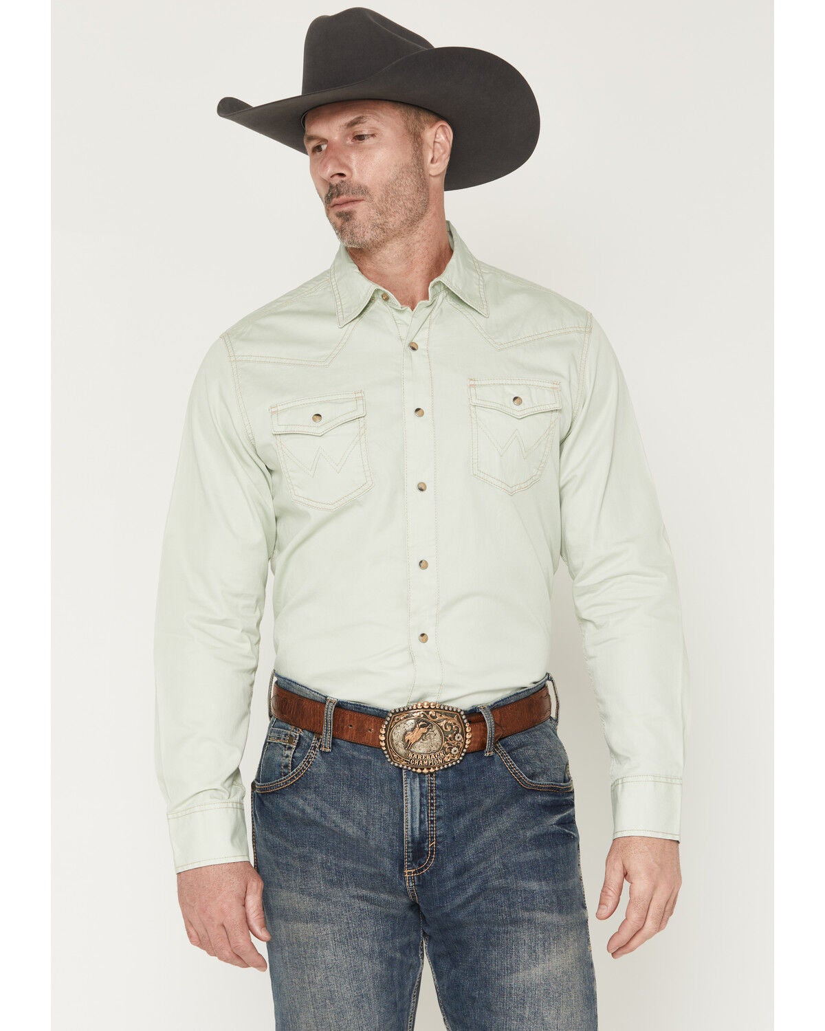 Wrangler Retro Men's Premium Solid Long Sleeve Snap Western Shirt, Mint, hi-res