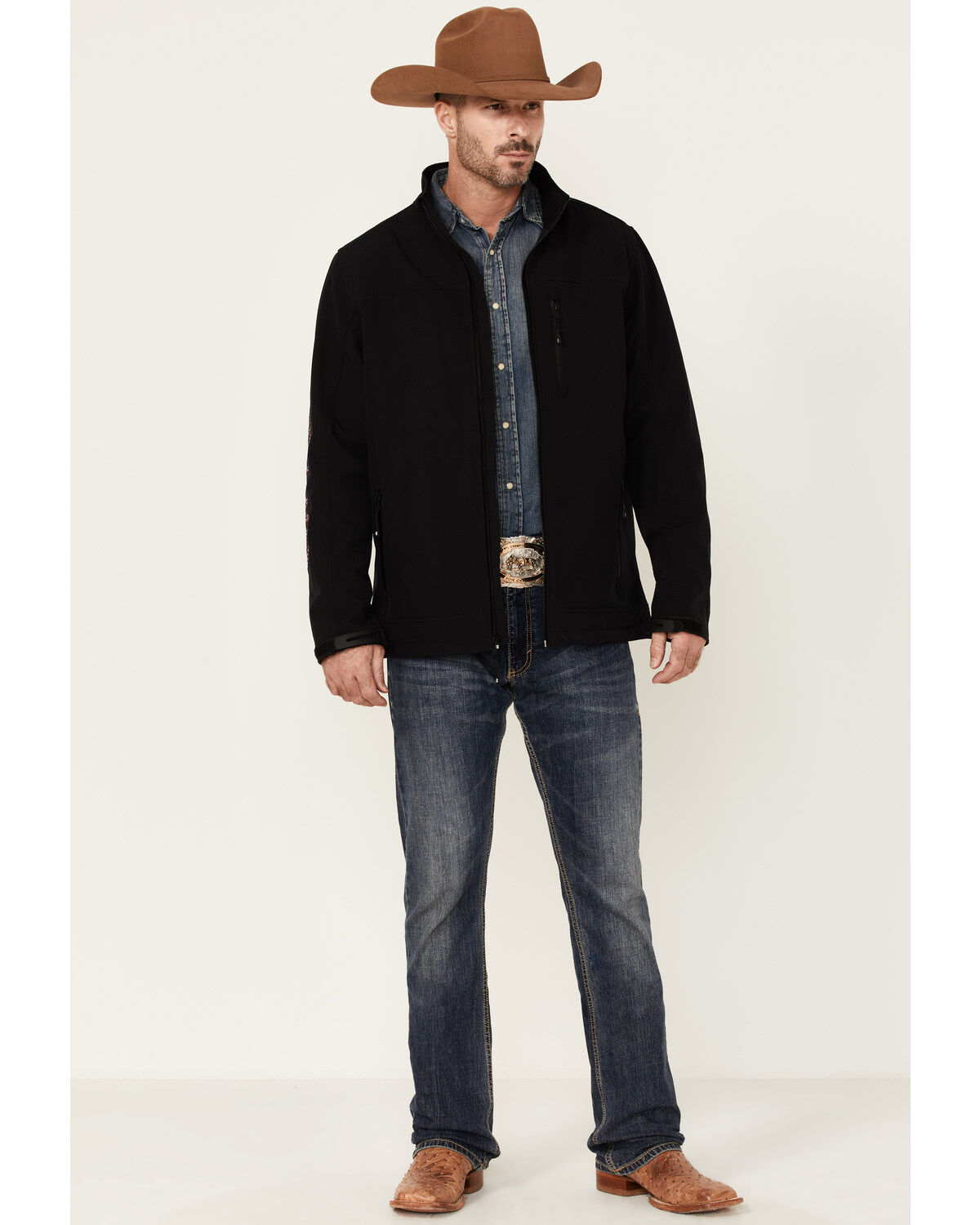 Image #2 - Cody James Core Men's American Embroidered Sleeve Zip-Front Steamboat Jacket, Black, hi-res